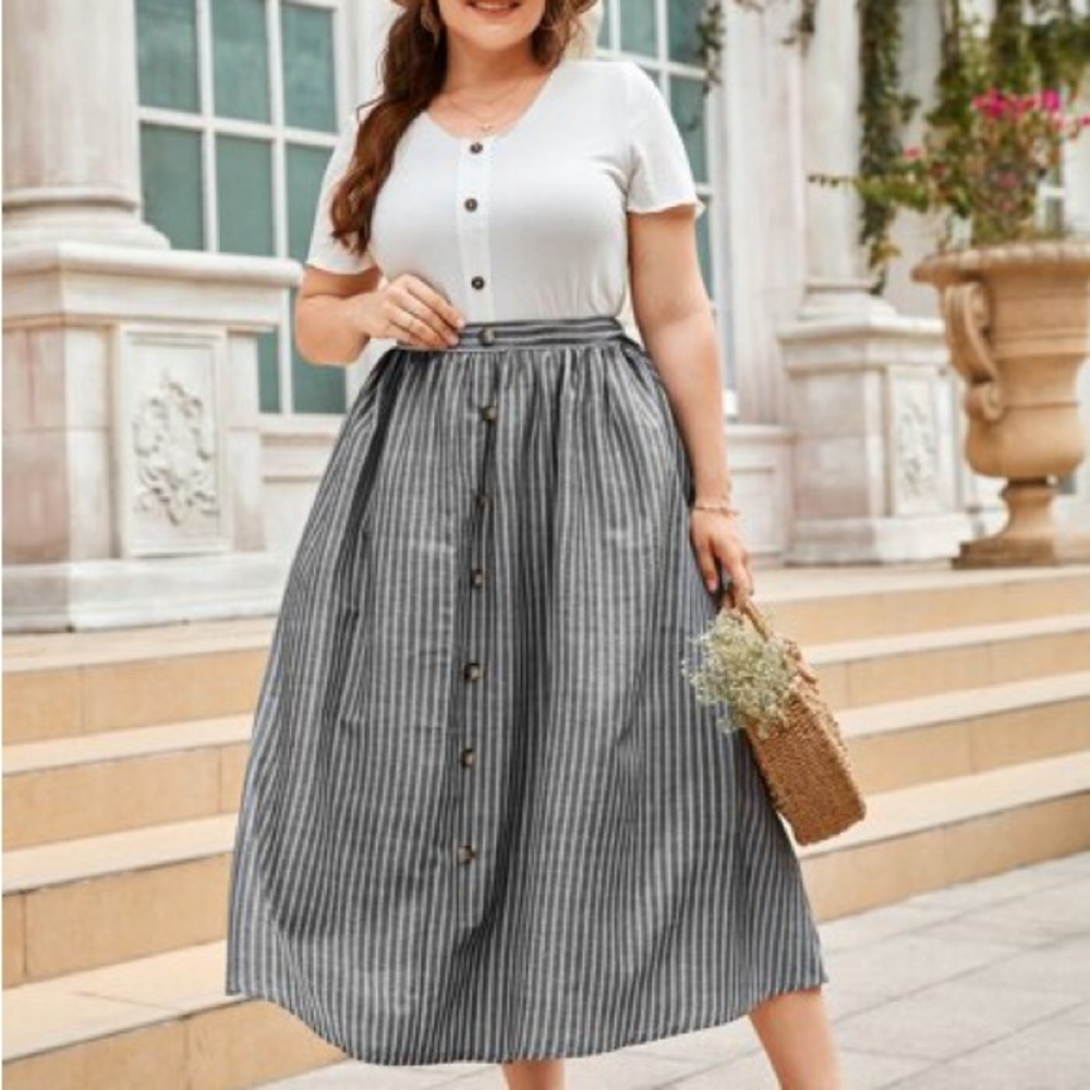 Striped Gray Button-Down Skirt